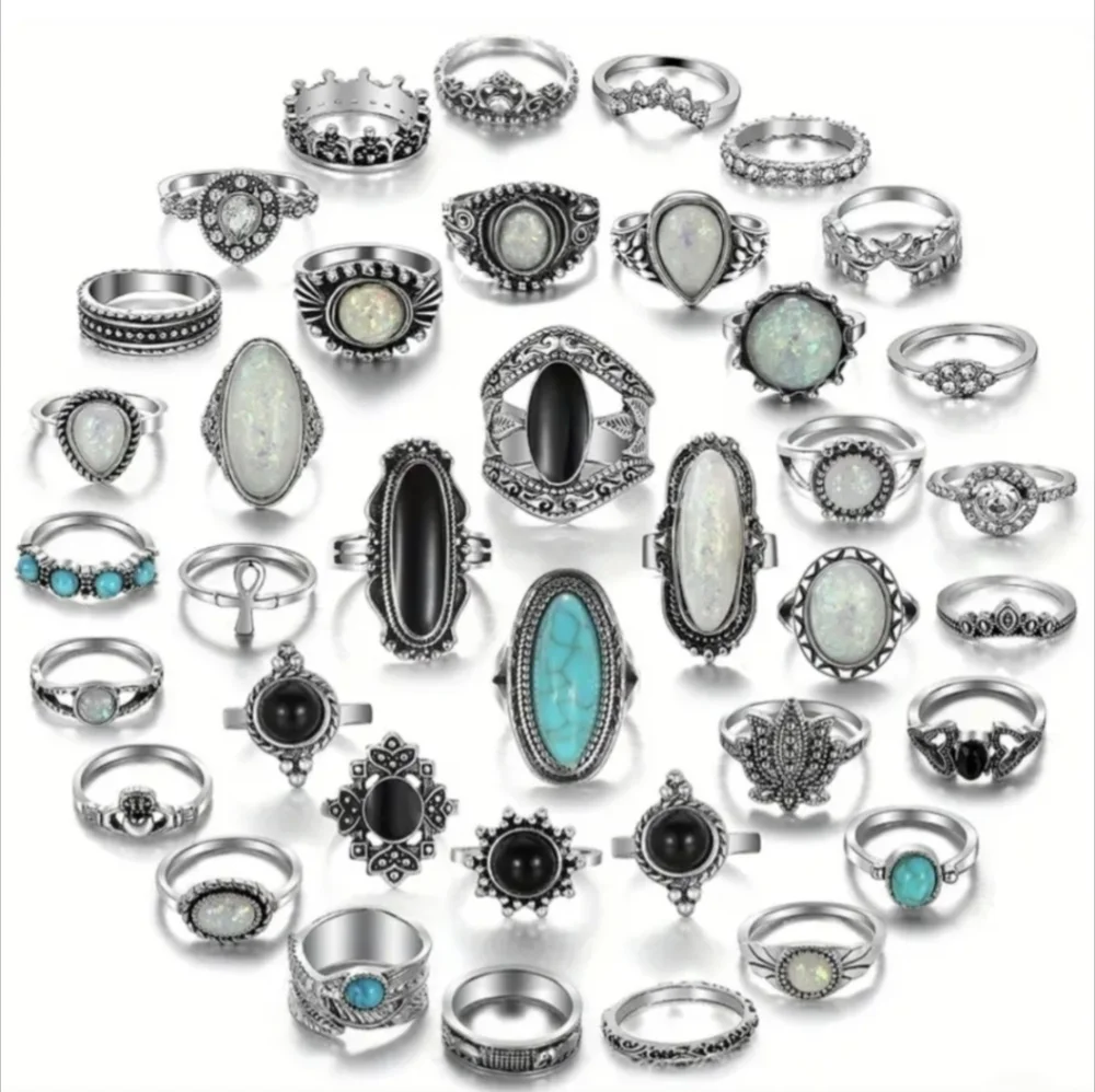 20 Pc Rings Bohemian Hippie stacking rings Boho Jewelry Blue Black Silver - Picture 5 of 7